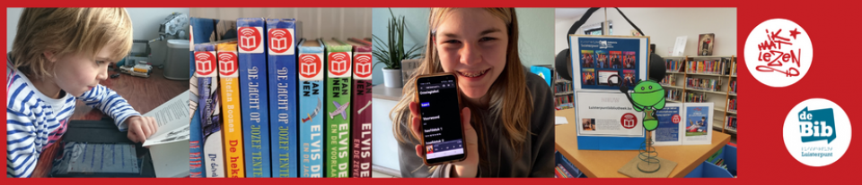 een jongen leest in een boek en luistert tegelijk naar Anderslezen-app. Anderslezen-stickers op gedrukte jeugdboeken. Een meisje met grote glimlach toont de Anderslezen-app op haar telefoon. Makkelijk Lezen-Plein.